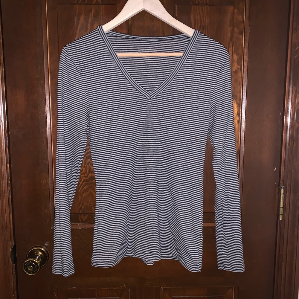 Navy & White Stripe V Neck Long Sleeve Tee